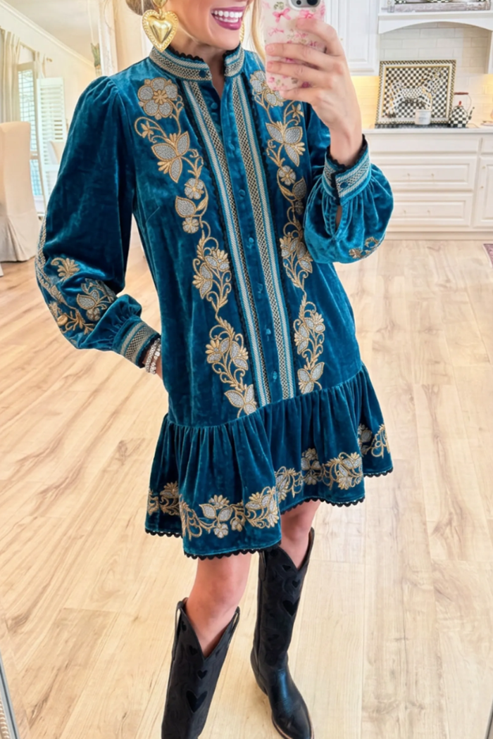 Teal Velvet Gold Floral Embroidery Ruffle Hem Dress