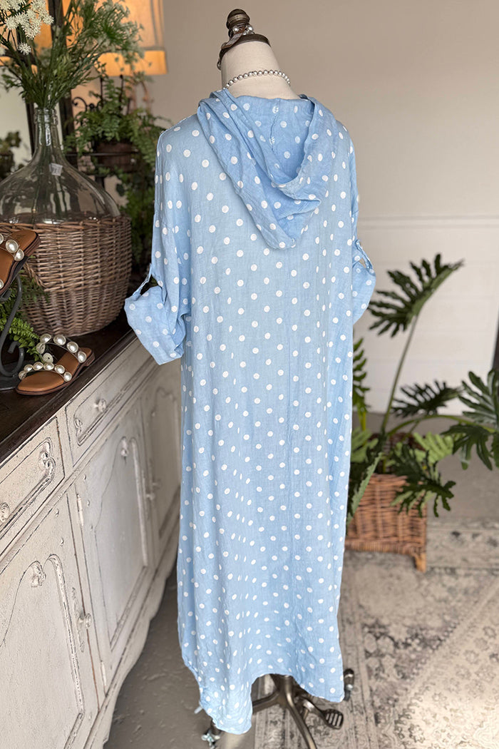 Polka Dot Hooded Roll Tab Sleeve Dress