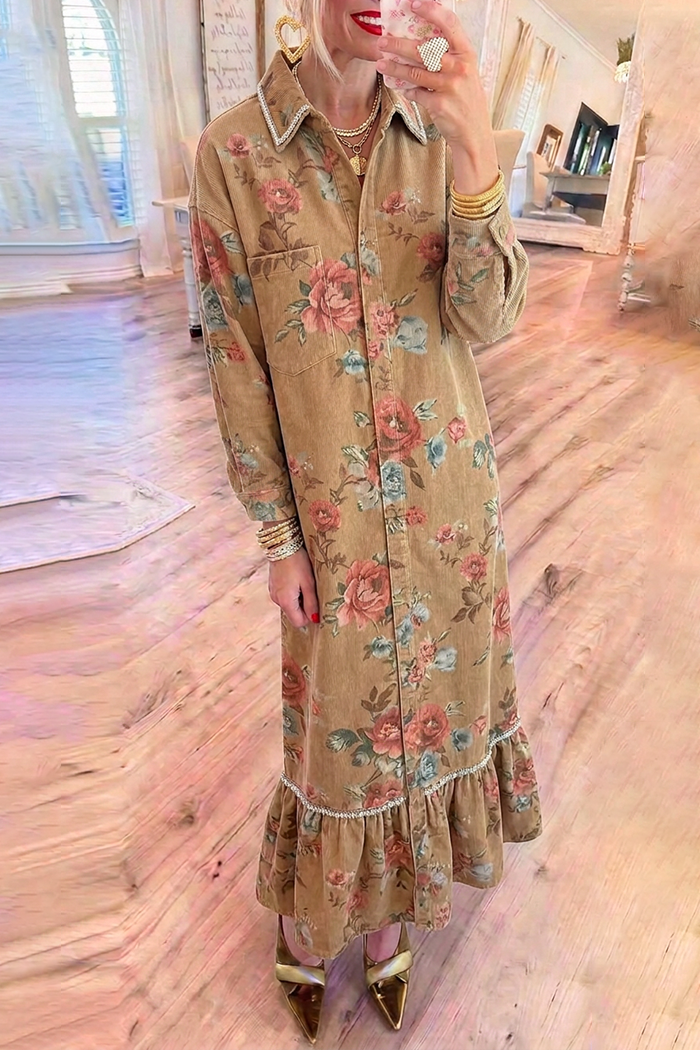 Tan Floral Denim Collared Ruffle Hem Maxi Dress