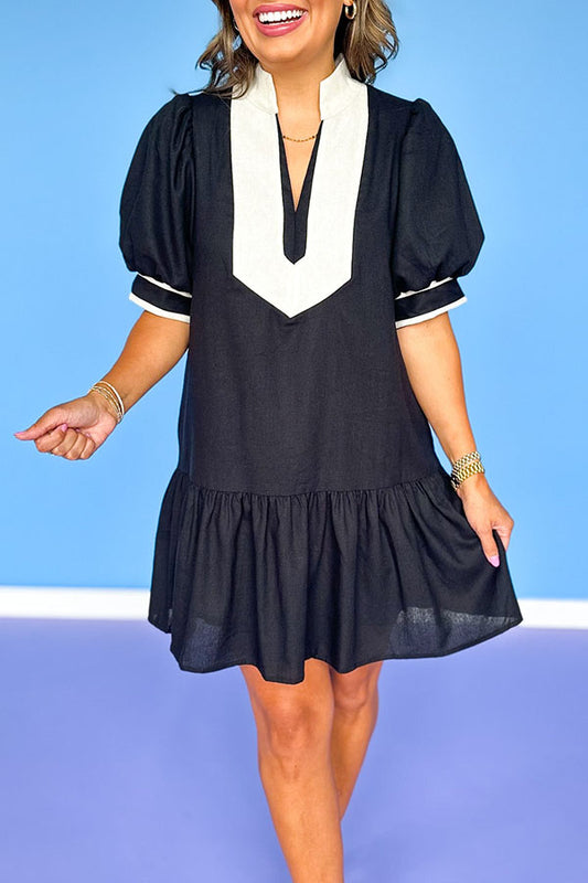 Contrast Neckband Puff Sleeve Dress