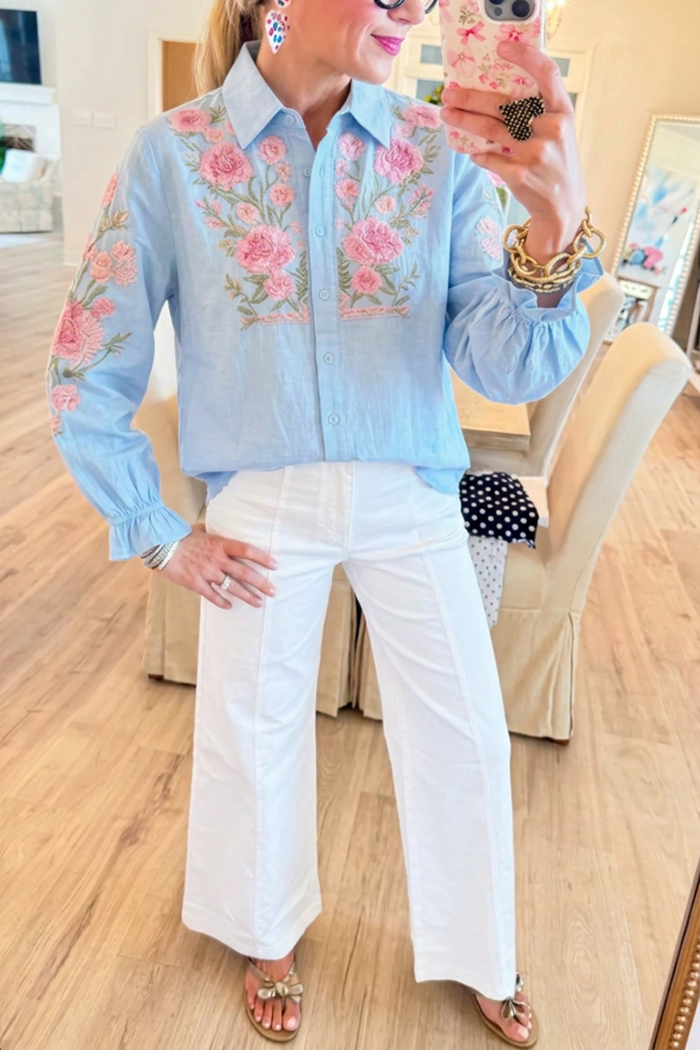 Casual Ruffles Sleeve Embroidered Shirt