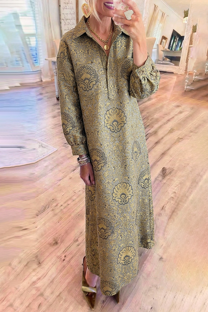 Metallic Vintage Jacquard Collared Pocket Maxi Dress