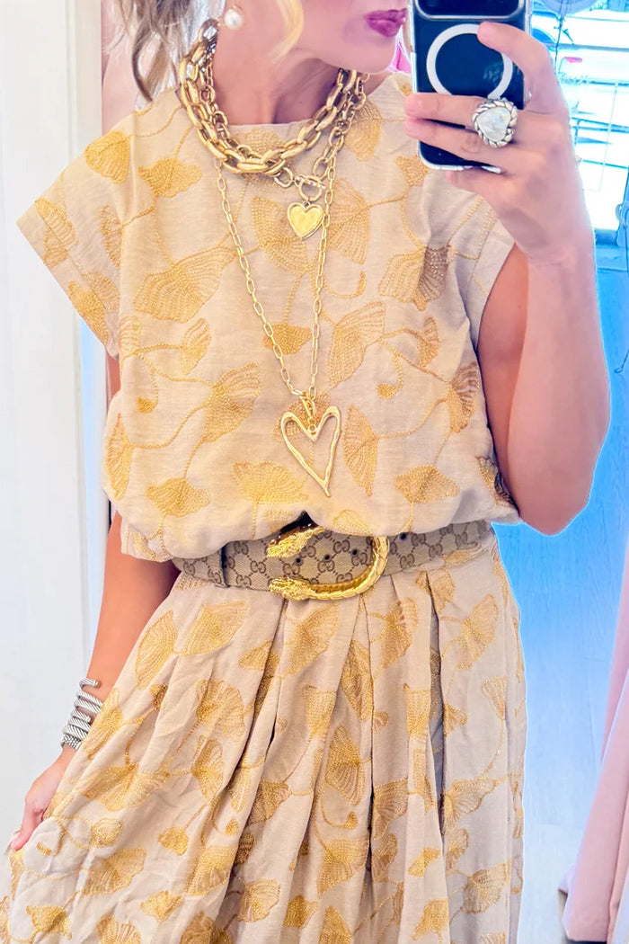 Beige Floral Embroidered Bubble Top