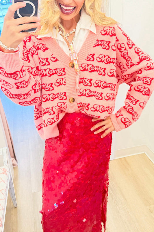 Pink Merry Pattern Long Sleeve Cardigan