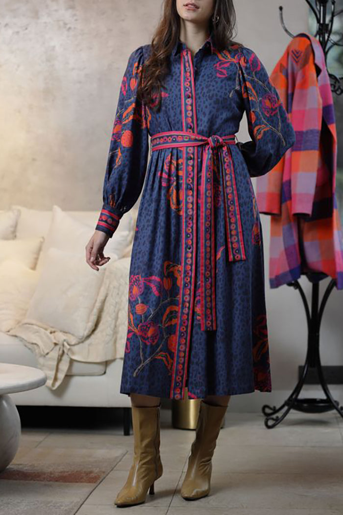 Leopard & Leaf Print Belted Collared Shirt Dress