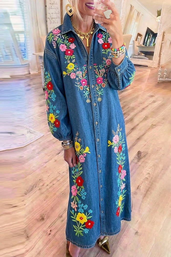 Denim Collared Puff Sleeve Floral Embroidery Maxi Dress
