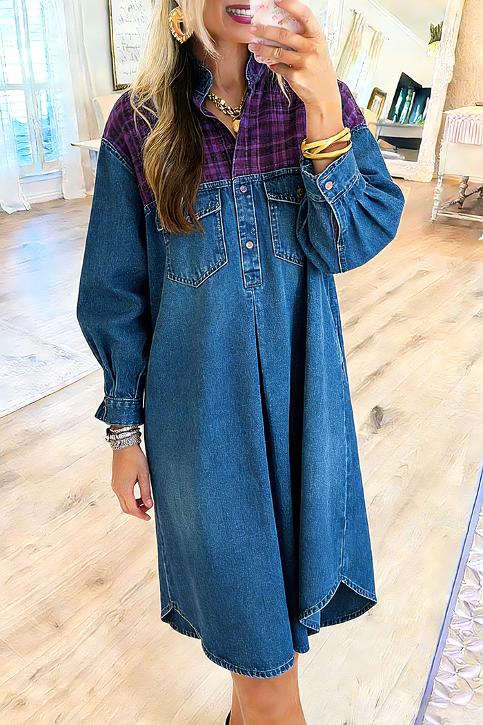 Flap Pocket Plaid Denim Dress