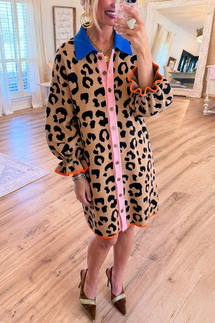 Leopard Knit Contrast Button Pocket Dress