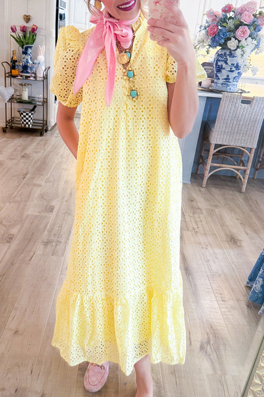 Eyelet Short Puff Sleeve Midi Dress