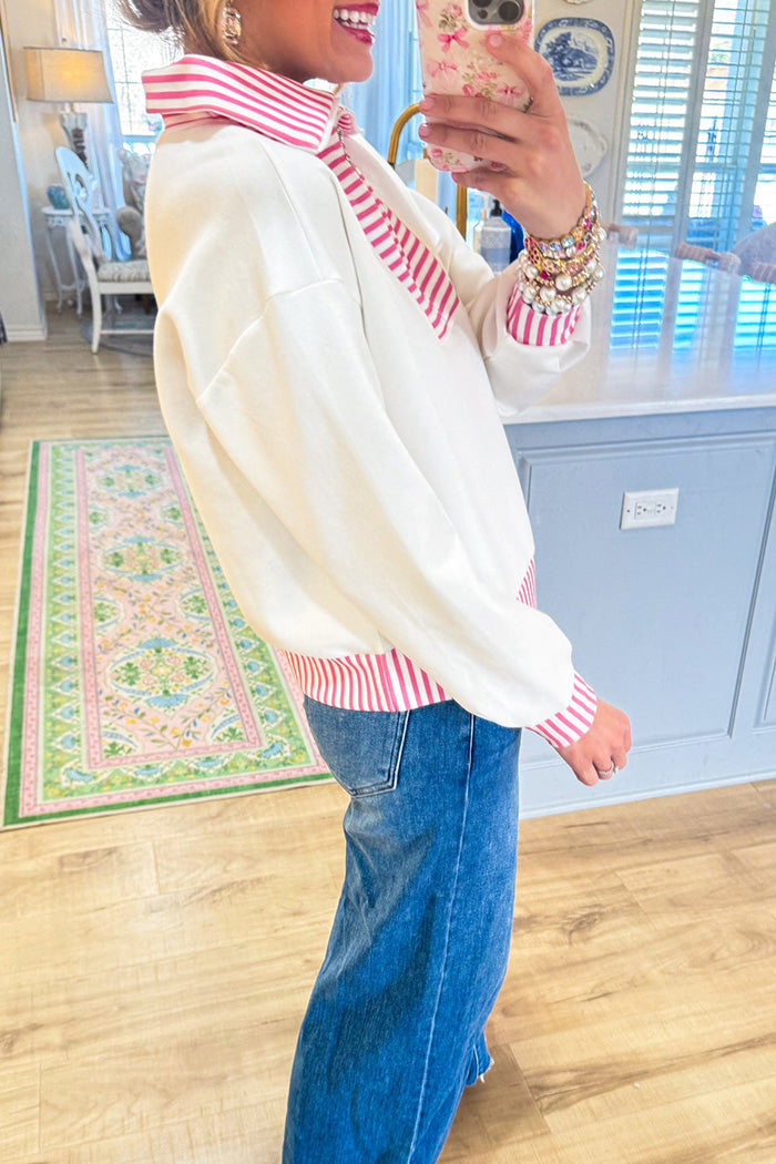 Pink Off White Stripe Zip Up Long Sleeve Top