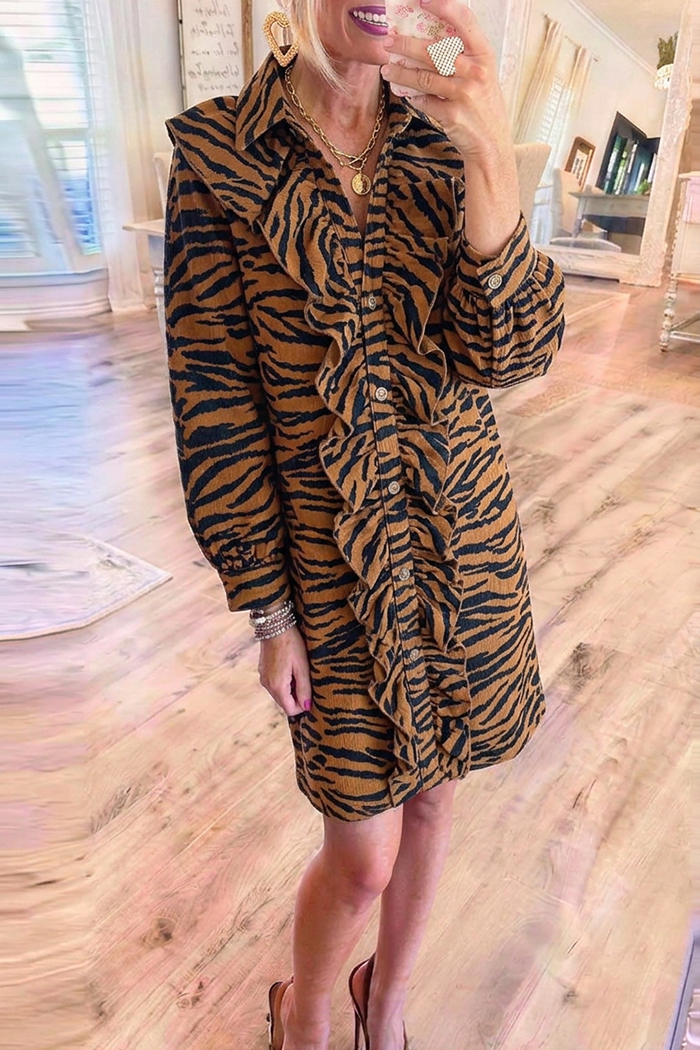 Brown Tiger Stripe Ruffle Front Button Dress