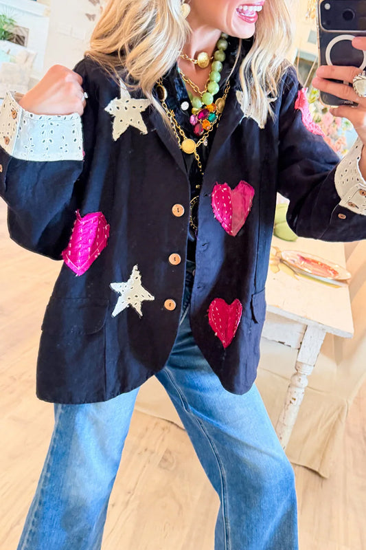 Black Patchwork Detail Linen Blazer