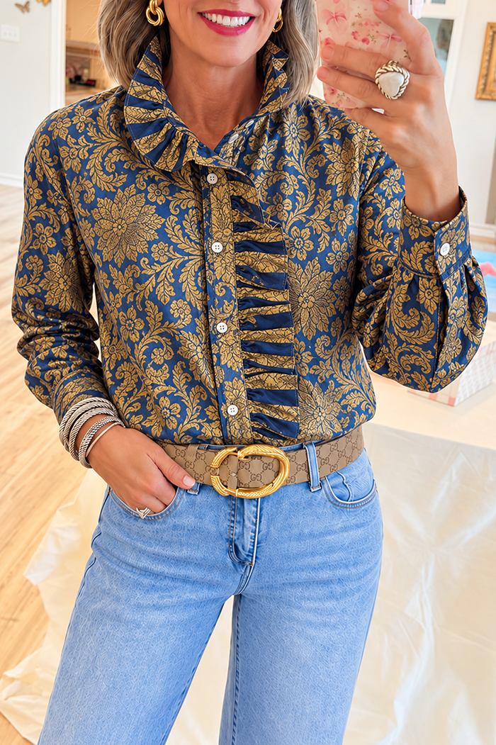 Casual Floral Print Ruffle Shirt