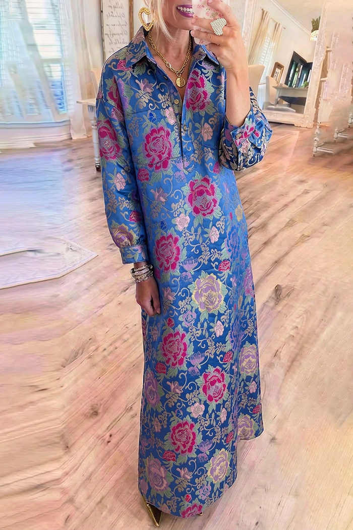 Floral Jacquard Shirt Collar Long Sleeve Pockets Maxi Dress