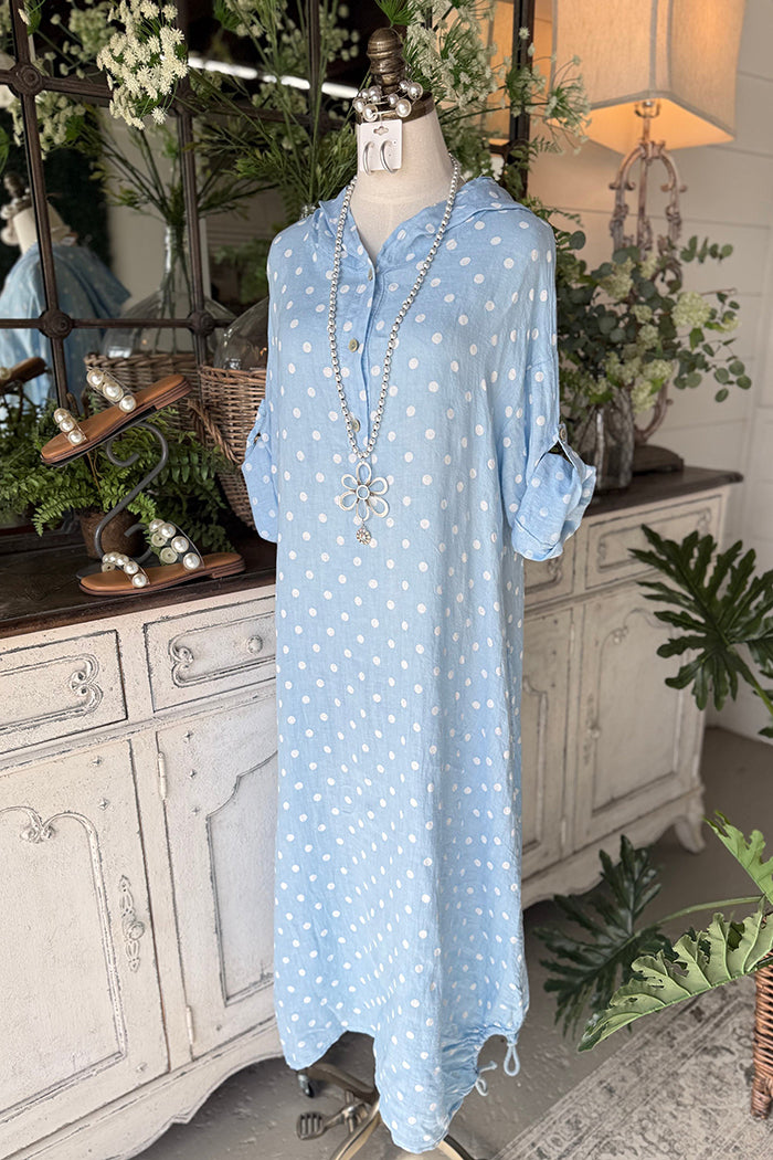 Polka Dot Hooded Roll Tab Sleeve Dress