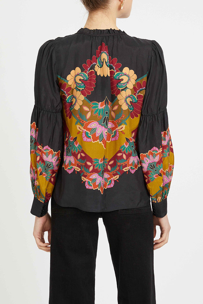 Black Floral Print V-Neck Puff-Sleeve Top