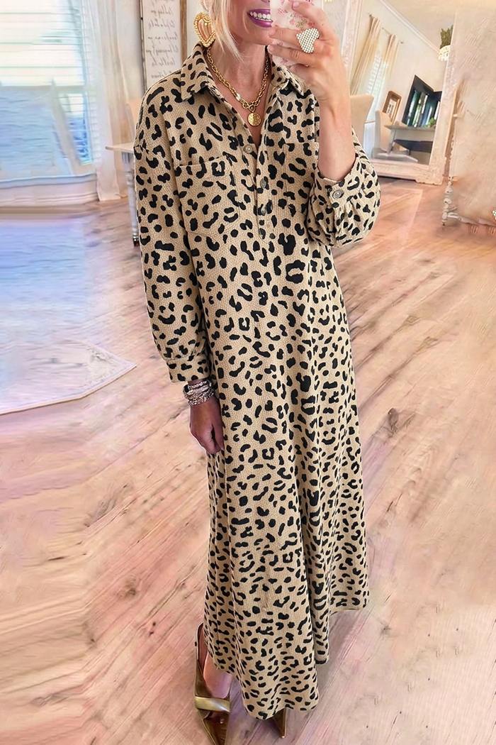 Beige Collared Long Sleeve Leopard Print Maxi Dress