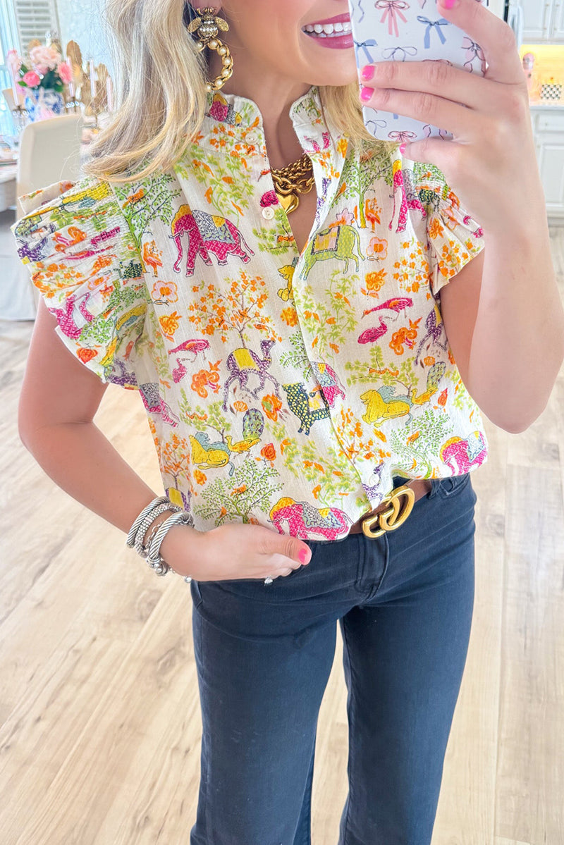 Casual Pleated Sleeve Floral Top