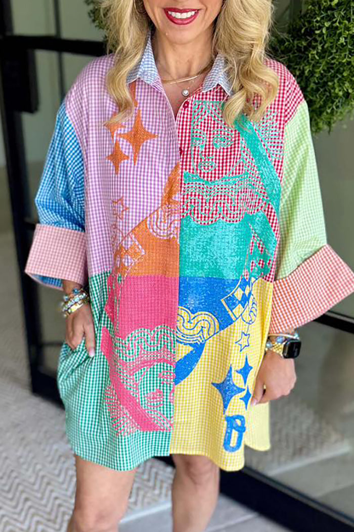 Colorblock Graphic Gingham Button Up Tunic