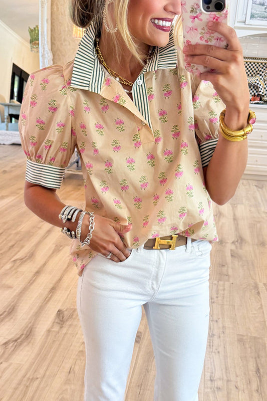 Floral Contrast Stripe Trim Top
