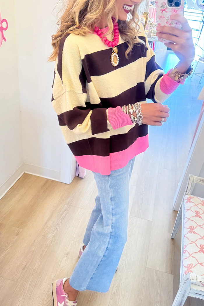 Cream Contrast Stripe Knit Long Sleeve Top
