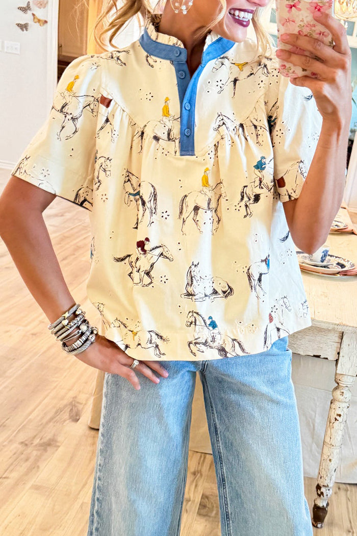 Cream Horse Print Ruffle Stand Collar Short Sleeve Top