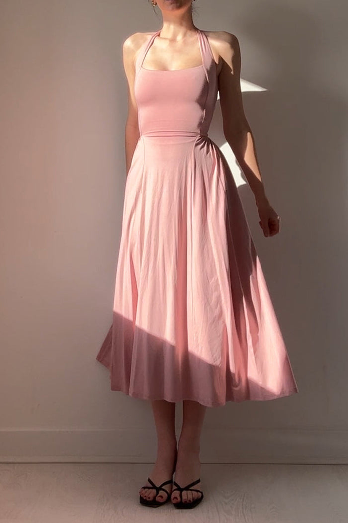Pink Halter Fitted-Waist Flared Maxi Dress