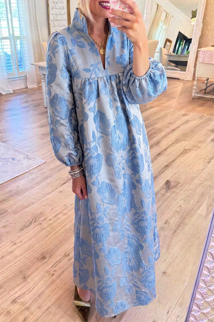 Floral Jacquard Stand Collar Gathered Maxi Dress