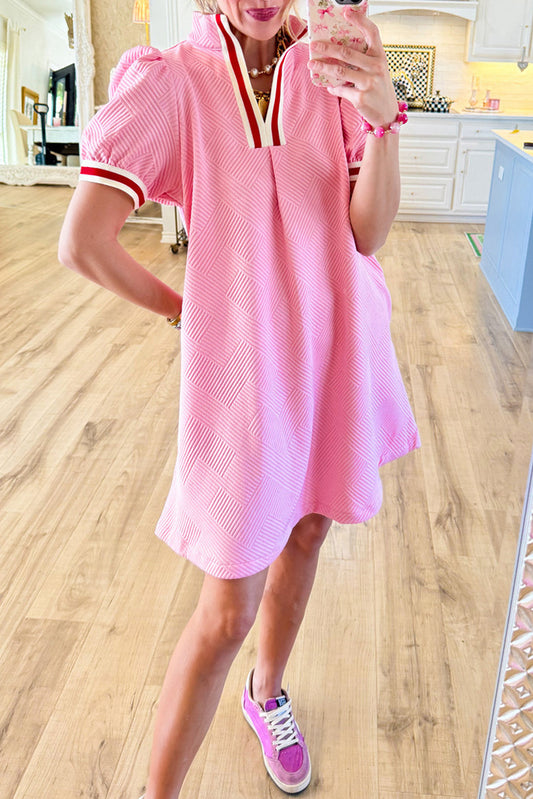 Pocketed Puff Sleeve Textured Mini Dress