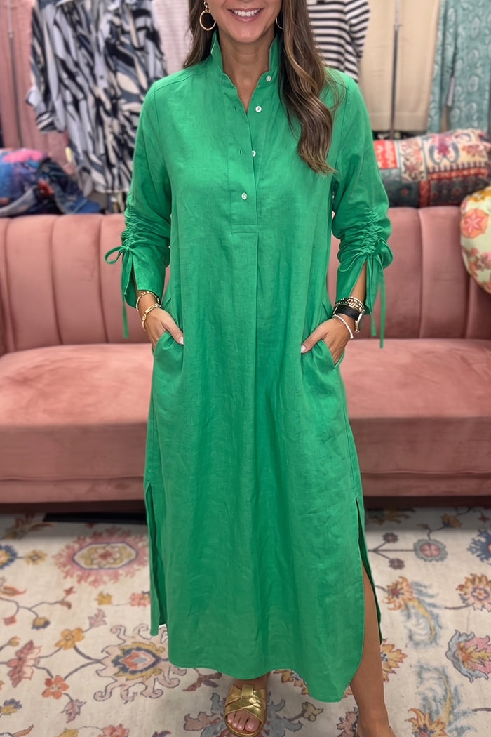 Green Ruched Sleeve Pocket Side Slit Dress