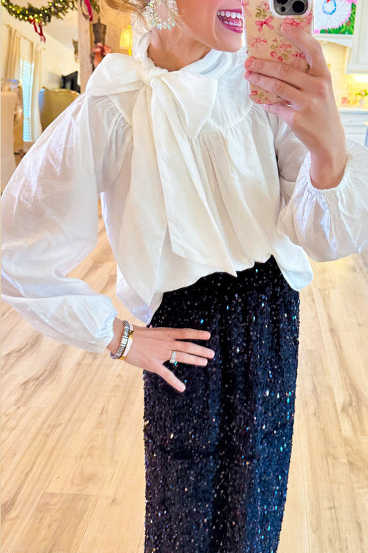 White Bow Tie Neck Ruffle Blouse