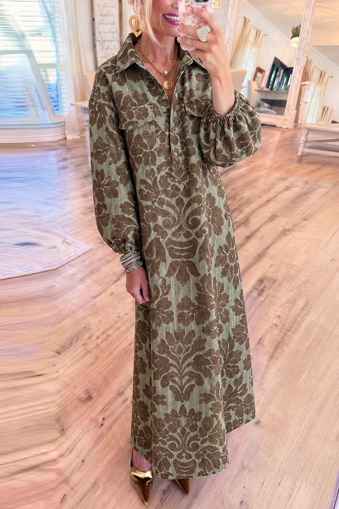 Collared Half Button Floral Maxi Dress
