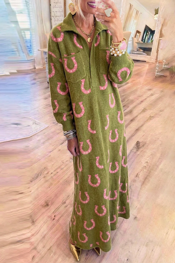 Horseshoe Motif Knit Collared Half Button Pockets Long Sleeve Maxi Dress