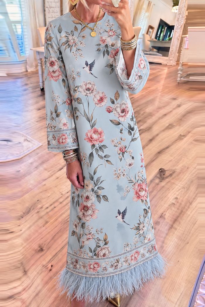 Vintage Floral Bird Print Fringe Hem Pockets Maxi Dress