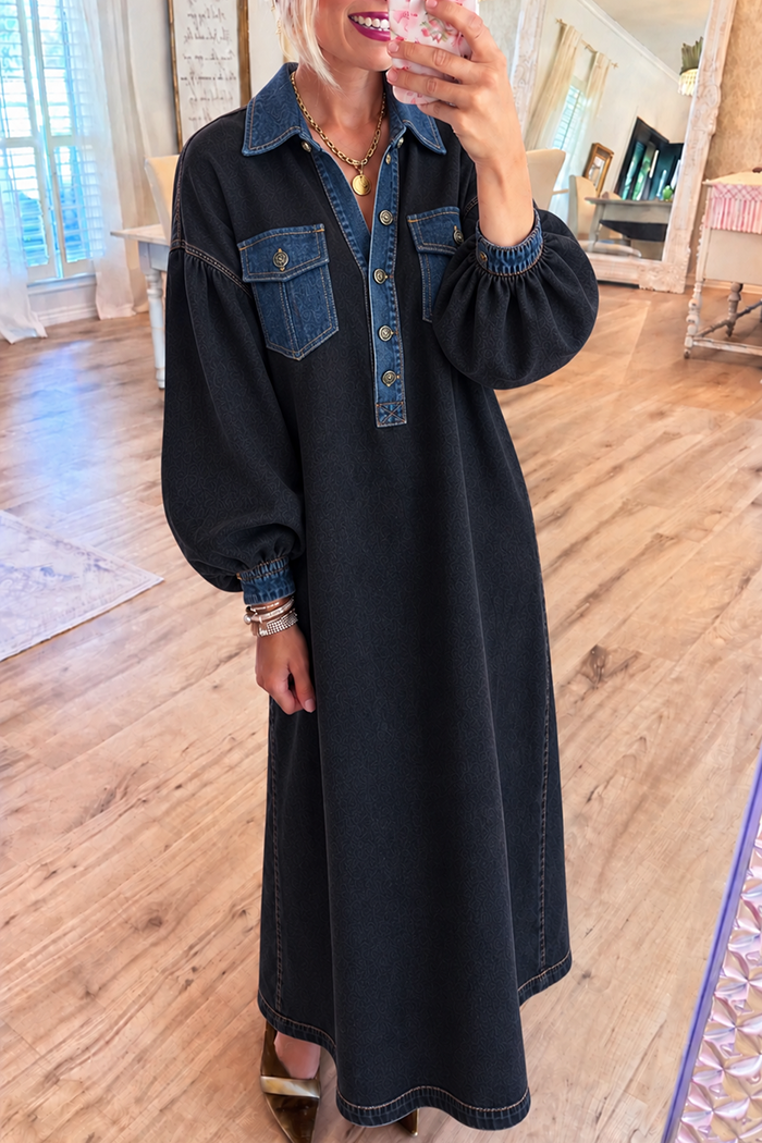 Black Denim Panel Pockets Maxi Dress