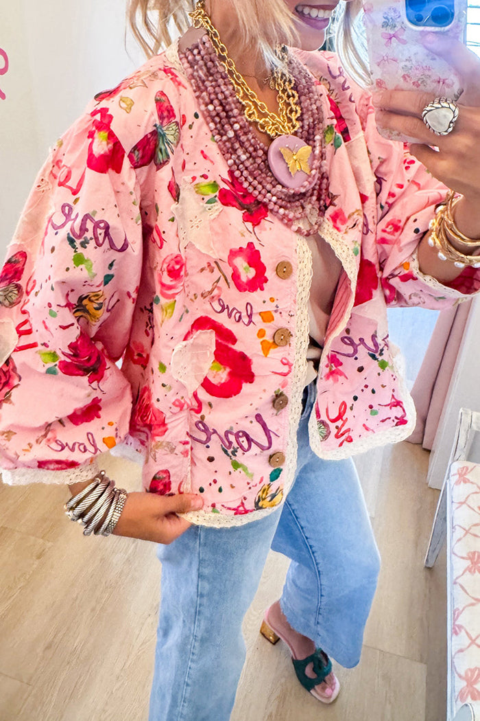 Pink Multi Floral Patchwork Lace Trim Top