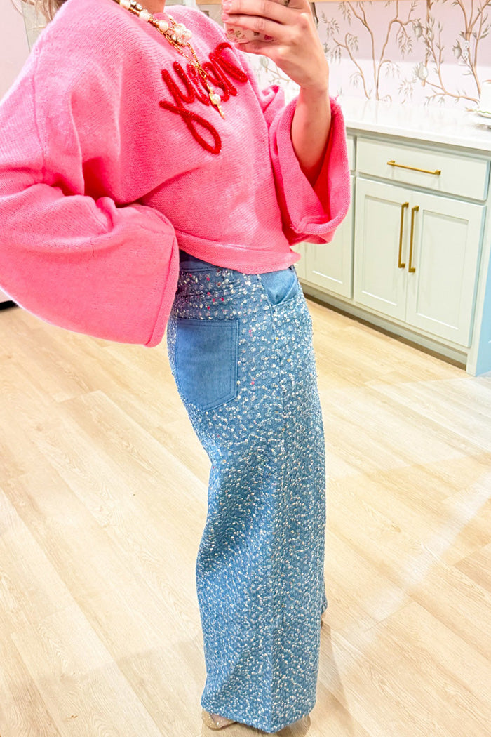 Sequin Embellished Pocketed Wide Leg Pants