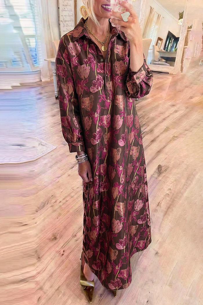 Brown Floral Jacquard Collared Maxi Dress
