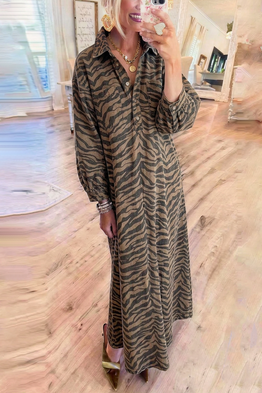 Zebra Striped Denim Long Sleeve Maxi Dress