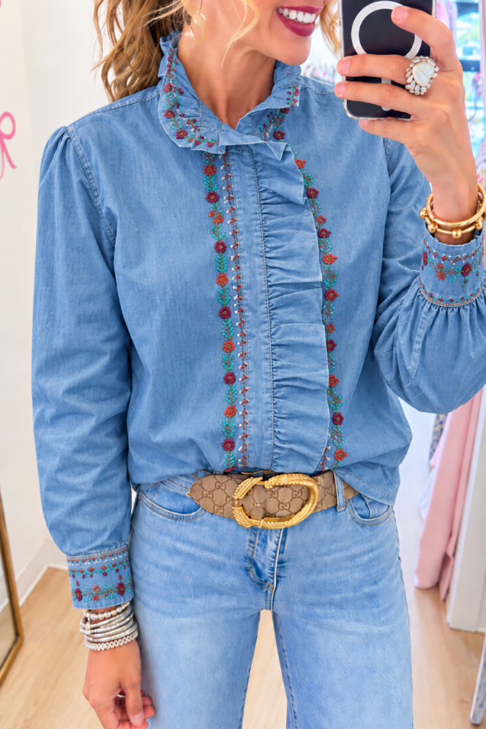 Light Denim Floral Ruffle Shirt Top