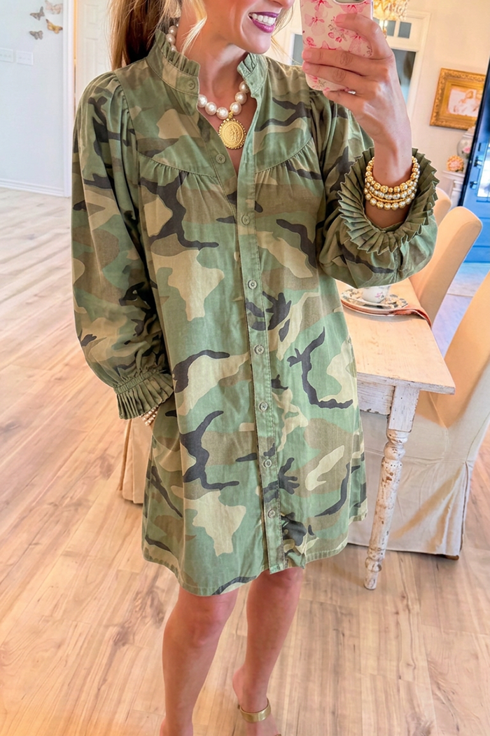 Camo Ruffle Collar Button Front Balloon Sleeve Pocket Dress