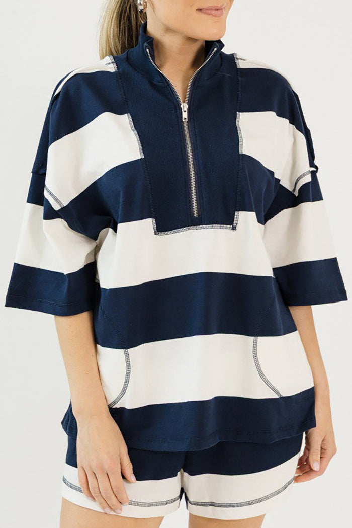 Quarter Zip Stripe Shorts Set