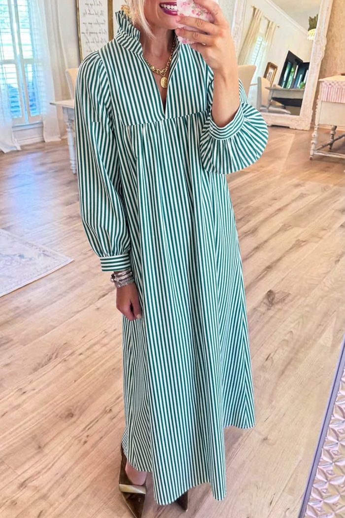 Striped Ruffle Stand Collar Balloon Sleeves Pockets Maxi Dress