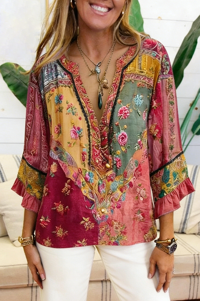 Patchwork Floral Ruffle Sleeve Top