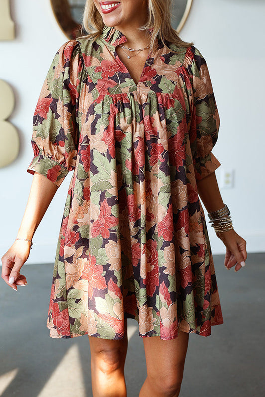 Floral Print Ruffle Collar 3/4 Sleeve Pockets Dress