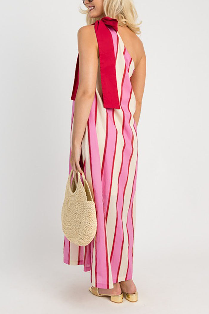 Stripe Shoulder Tie Pocket Dress