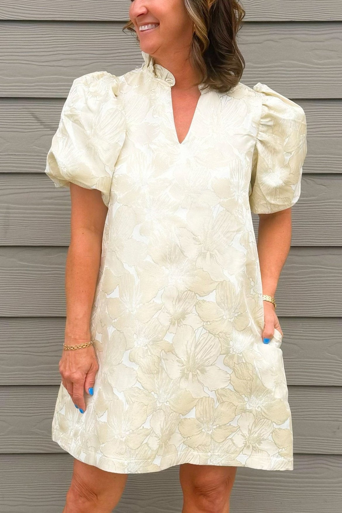 Ruffle V-Neck Puff Sleeve Floral Jacquard Dress