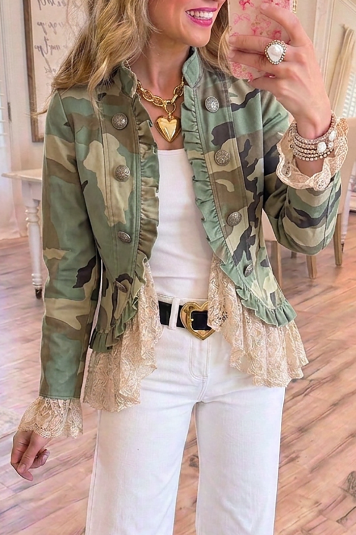 Ruffle Trim Camo Button Front Jacket