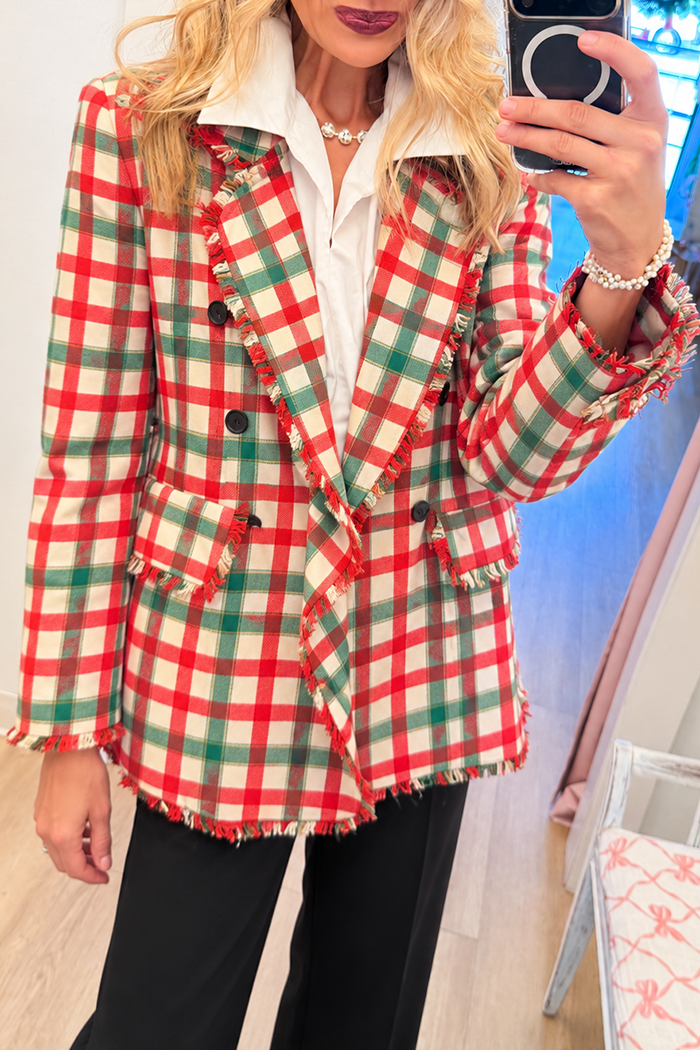 Christmas Tartan Plaid Double Breasted Blazer Jacket