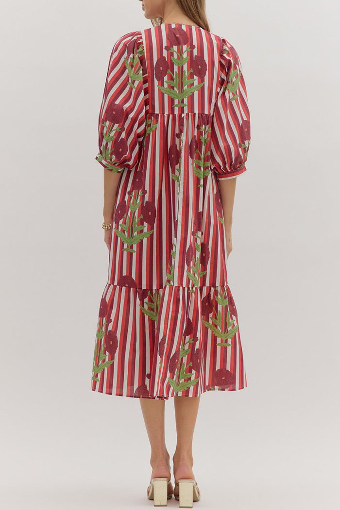 Floral Stripe Puff Sleeve Pocket Maxi Dress